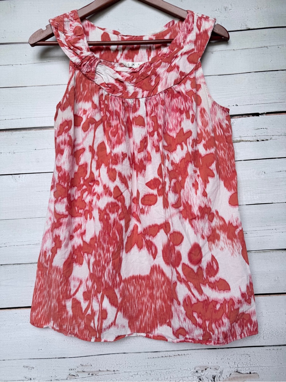 CAbi Coral-Pink Floral Sleeveless Tank with Gathered Neck